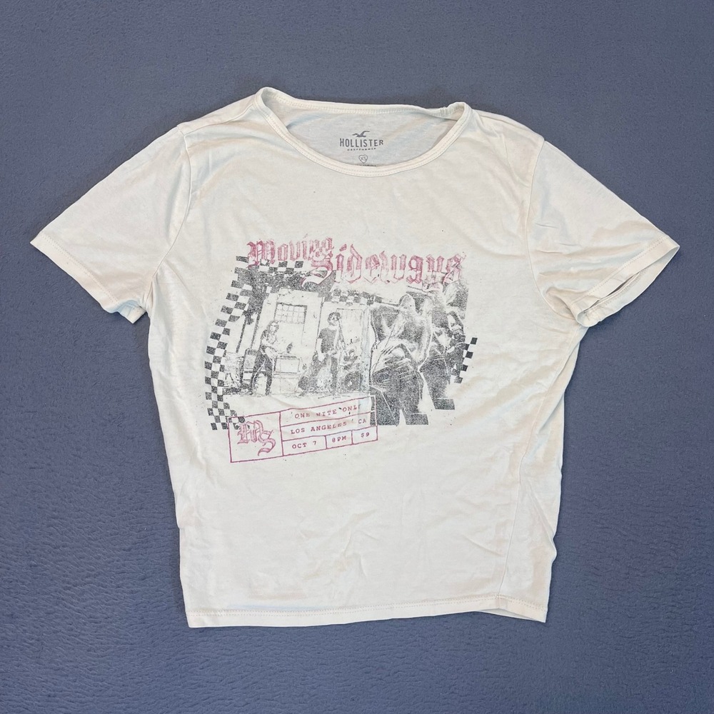 Hollister Moving Sideways Graphic T-Shirt XS Cream Band Poster Style Tee Y2K